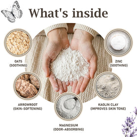 Herb & Root Talc Free Body Dusting Powder Lavender on a vanity