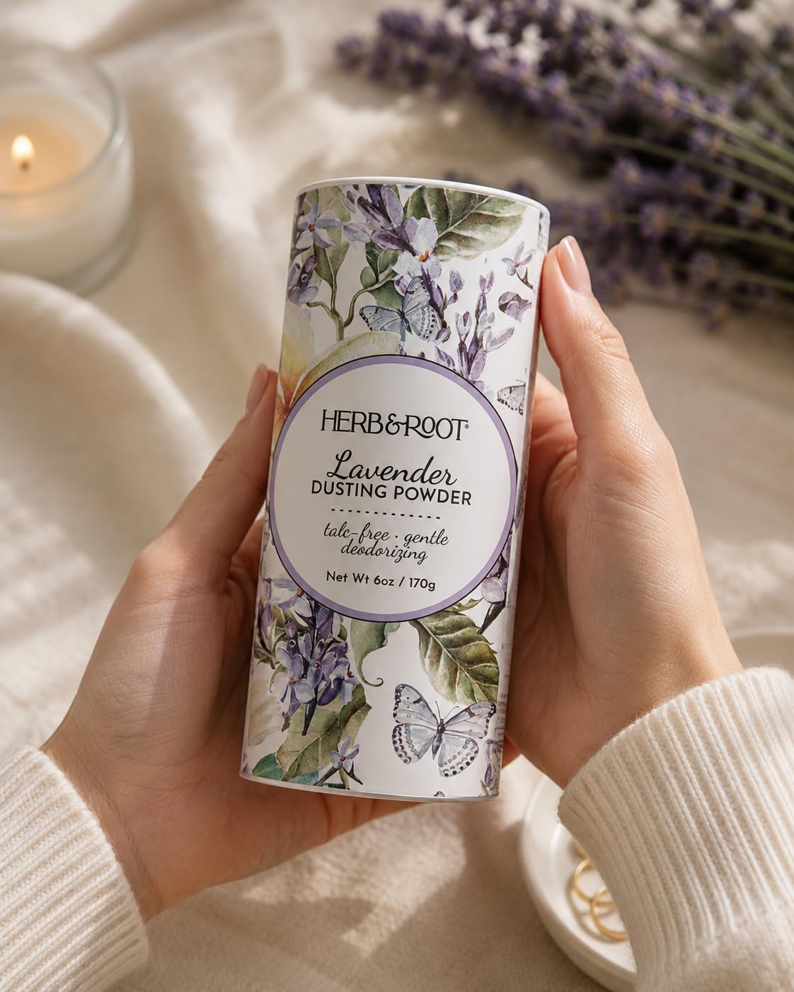 Herb & Root Talc Free Body Dusting Powder Lavender with floral background