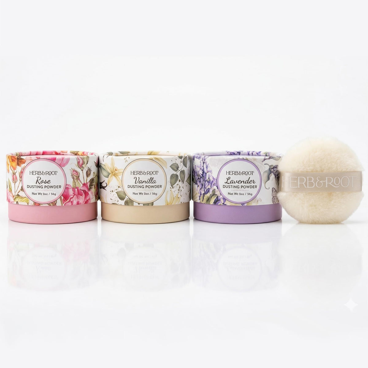 Herb & Root Talc-Free Body Dusting Powder Set in Lavender, Rose, Vanilla