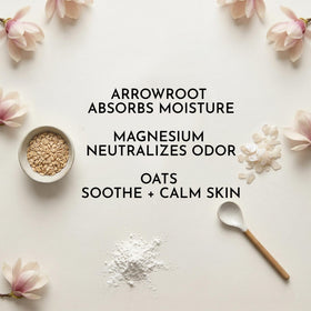 Herb & Root Talc-Free Body Dusting Powder set on a bathroom counter