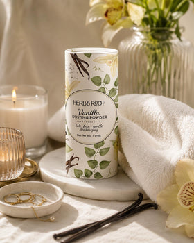 Herb & Root Talc Free Body Dusting Powder Vanilla in a lifestyle setting