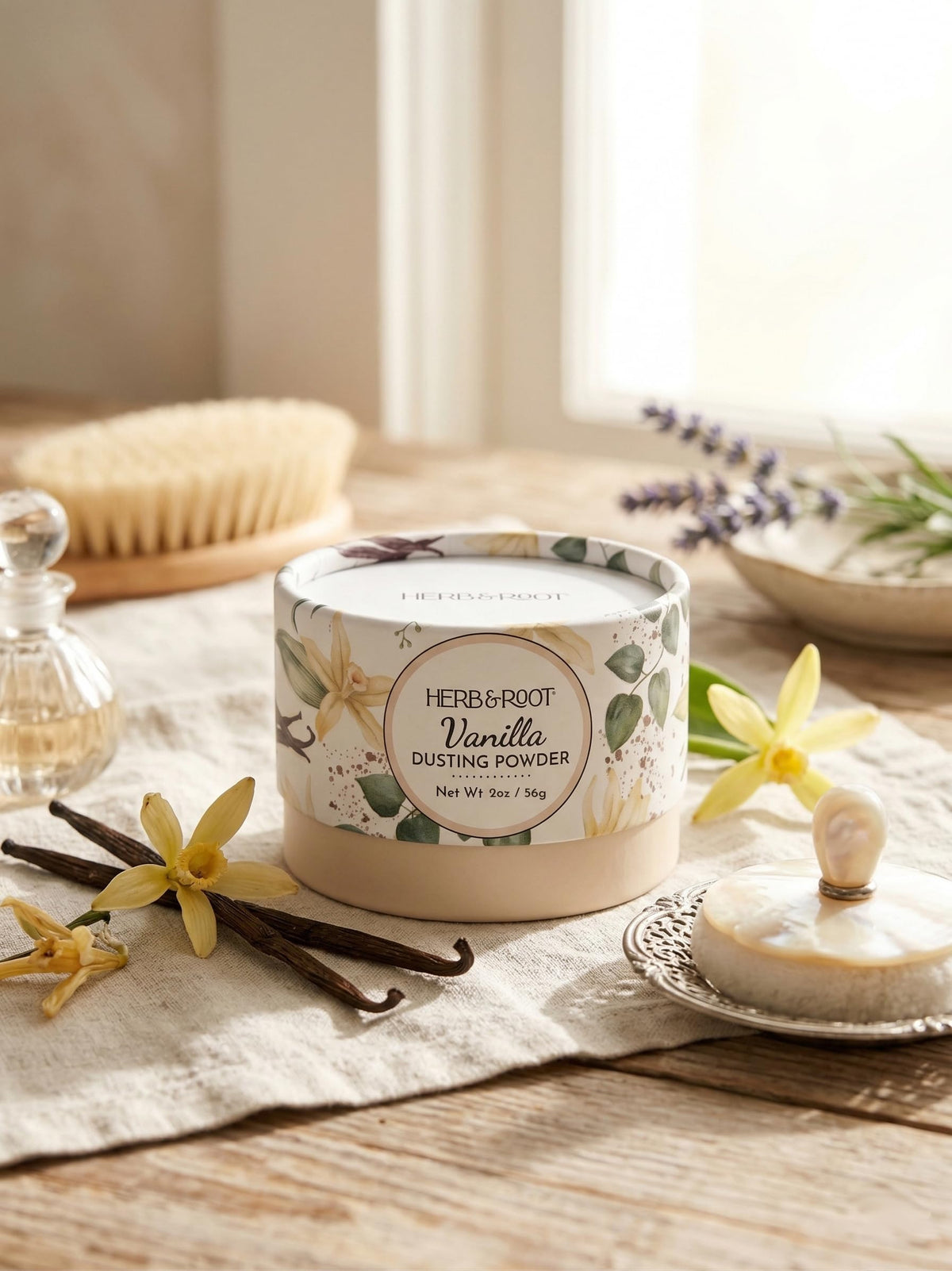 Herb & Root Vanilla Dusting Powder 2 oz side view