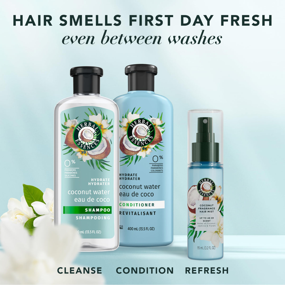 Herbal Essences Coconut Hair Mist in a bathroom setting