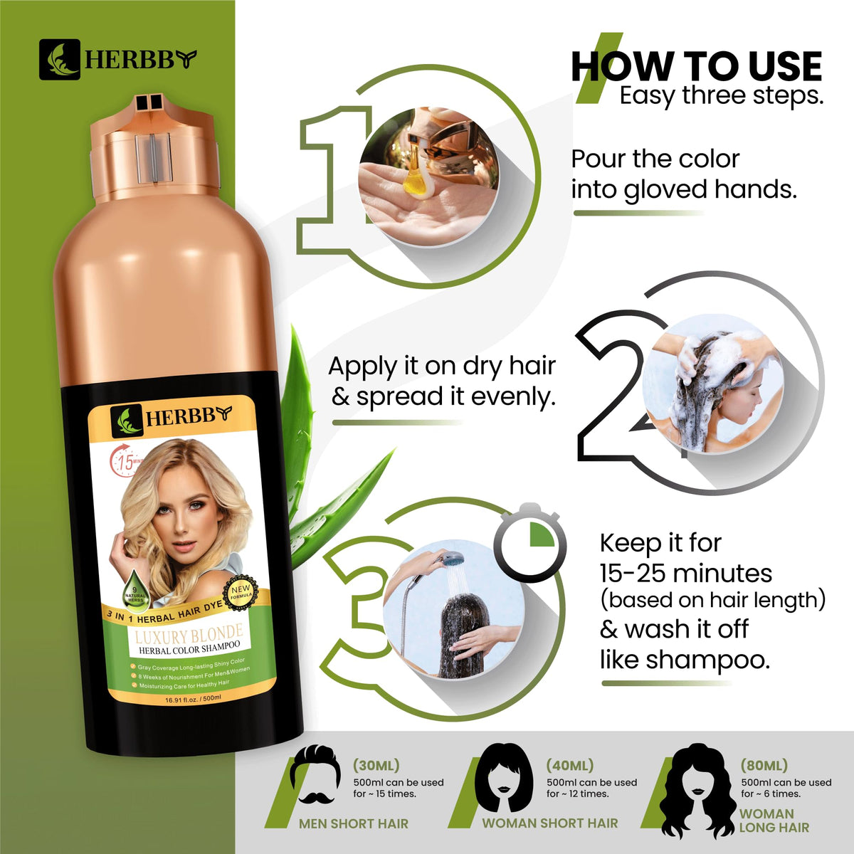 HERBBY Hair Color Shampoo with disposable gloves
