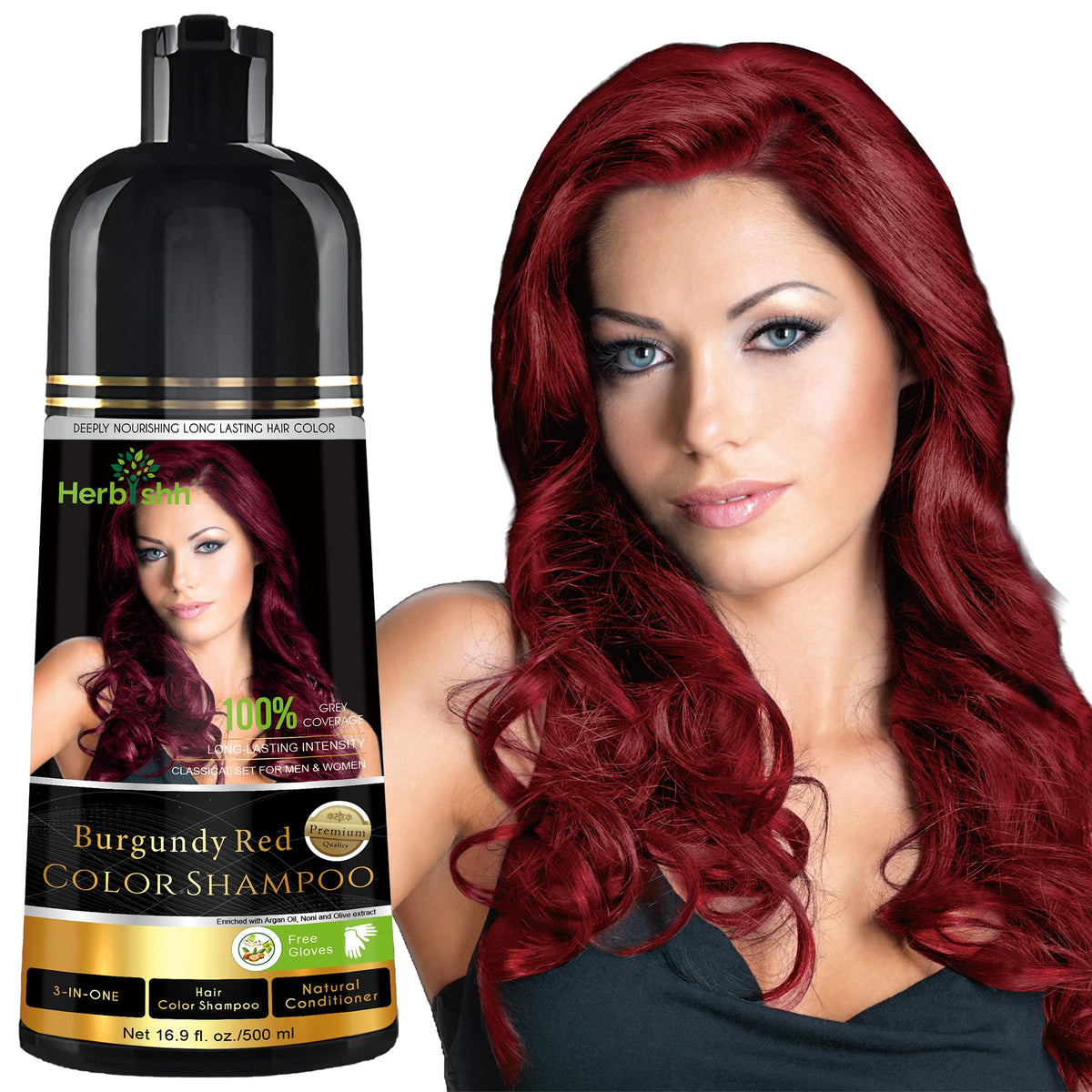 Herbishh Burgundy Red Hair Dye Shampoo 500ml front view