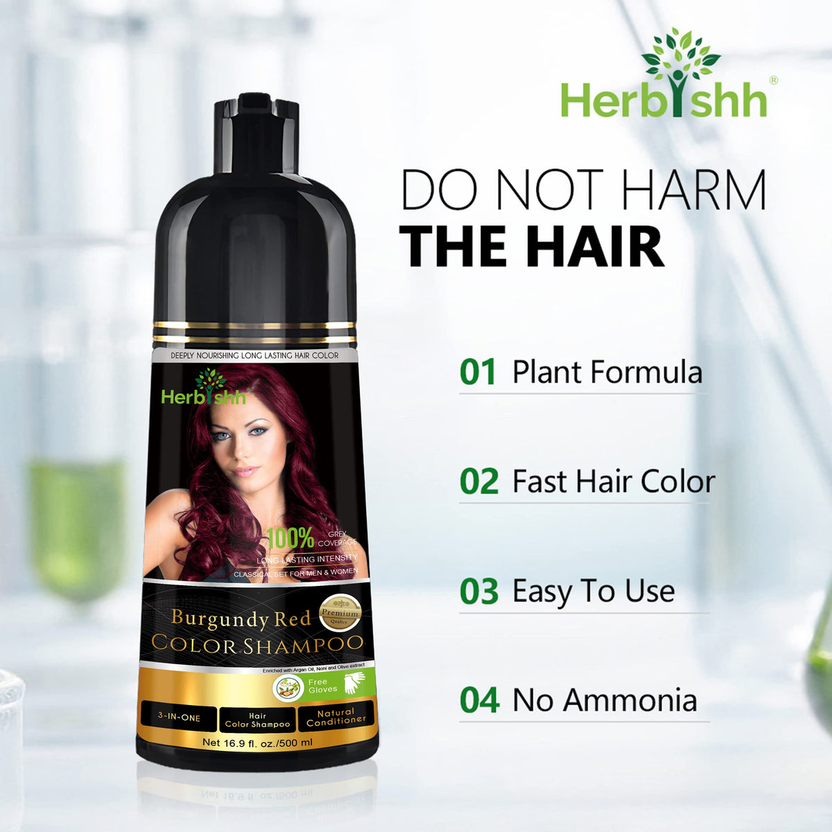Herbishh Burgundy Red Hair Dye Shampoo 500ml packaging details