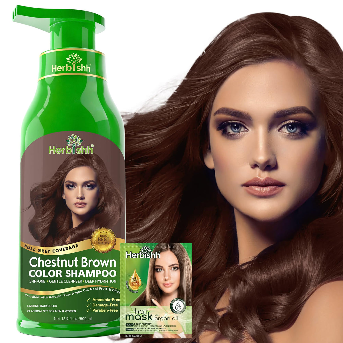 Herbishh Chestnut Brown Hair Dye Shampoo 500ml front view