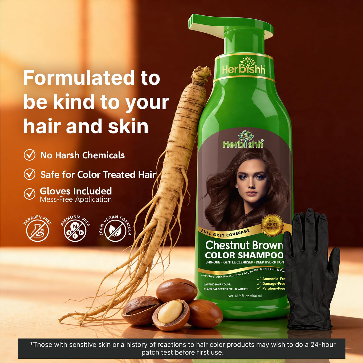 Herbishh Chestnut Brown Hair Dye Shampoo with argan hair mask