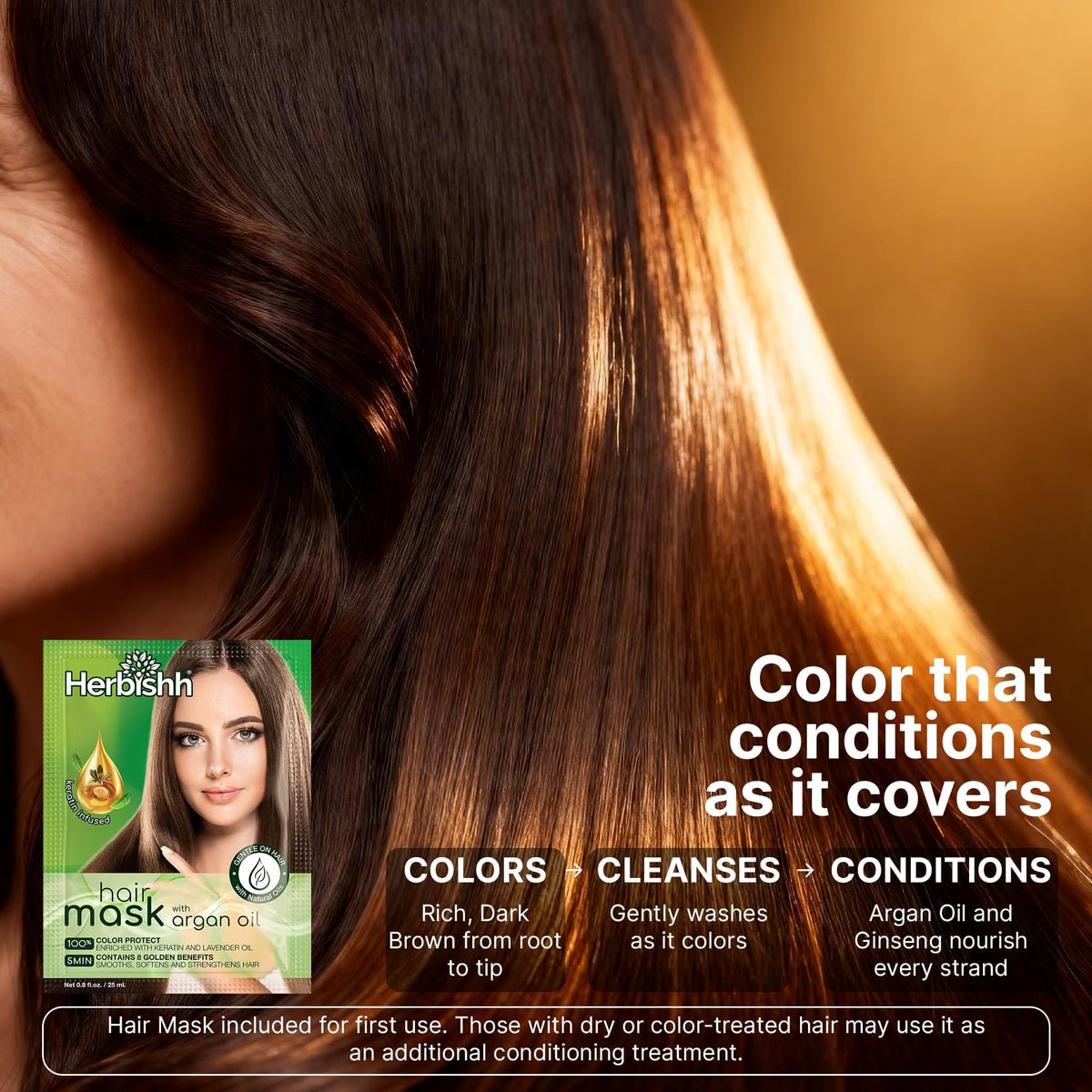 Herbishh Dark Brown Hair Dye Shampoo in use on straight hair