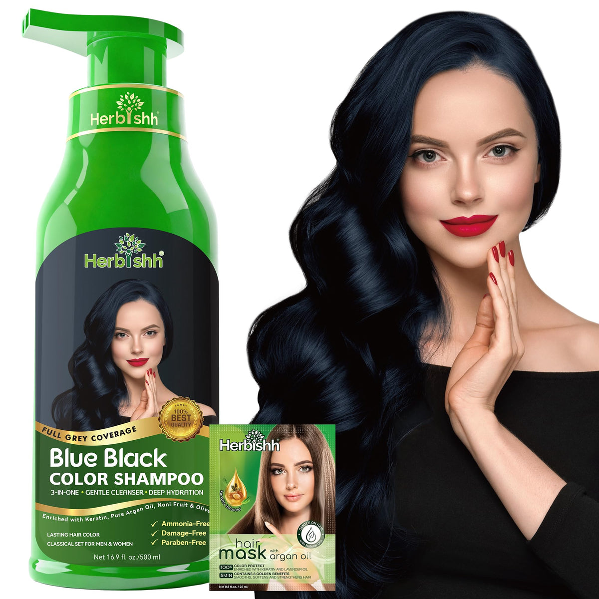 Herbishh Hair Color Shampoo Blue Black 500ml front view