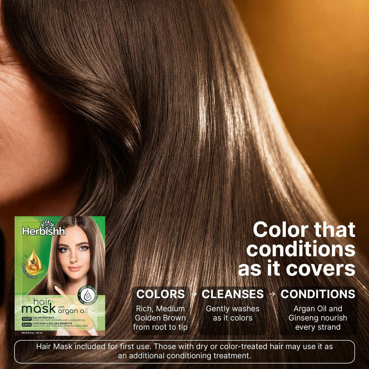 Herbishh Hair Dye Shampoo with rich brown colour on hair