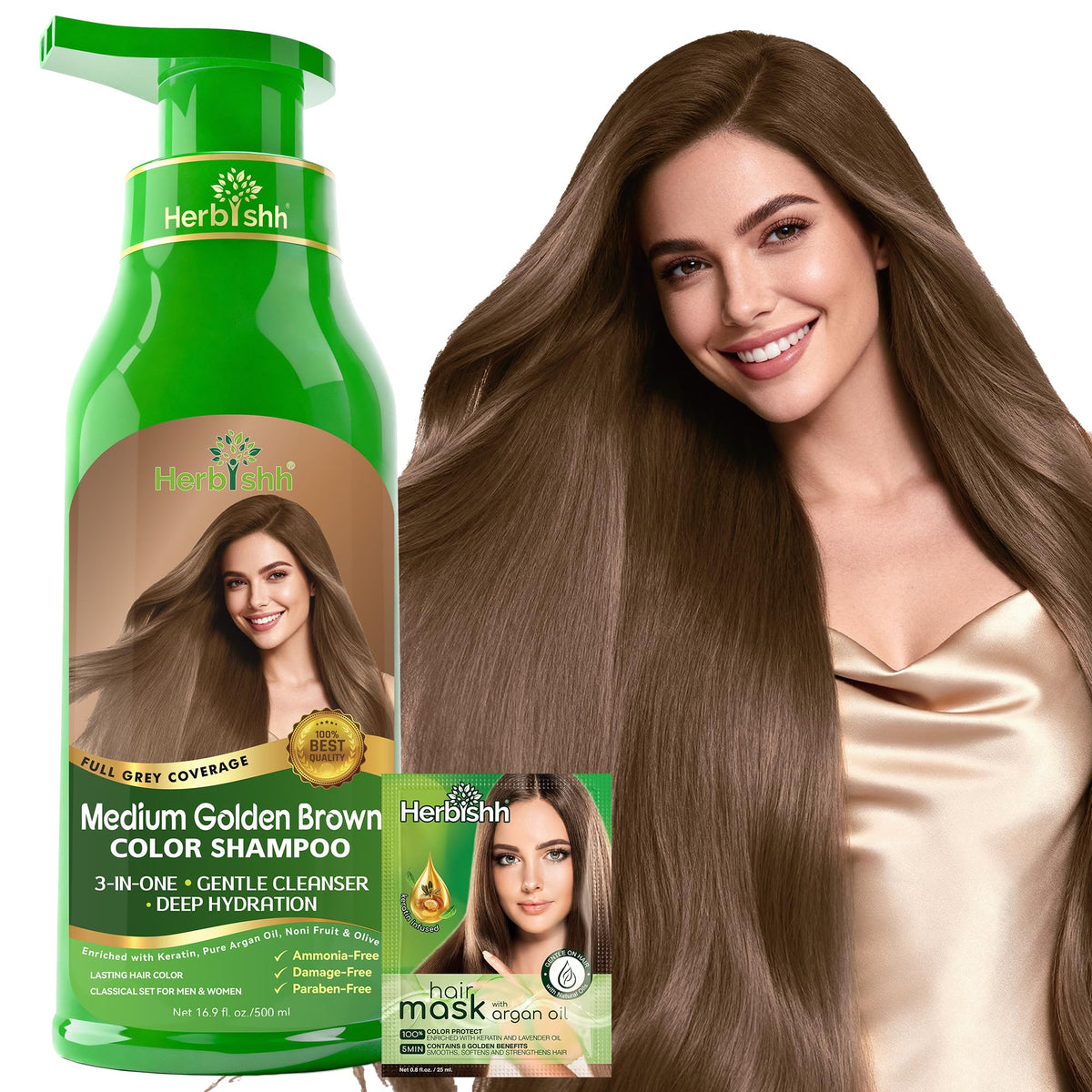 Herbishh Medium Golden Brown Hair Dye Shampoo 500ml front view