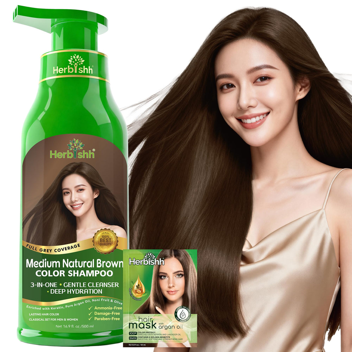 Herbishh Medium Natural Brown Hair Dye Shampoo 500ml front view
