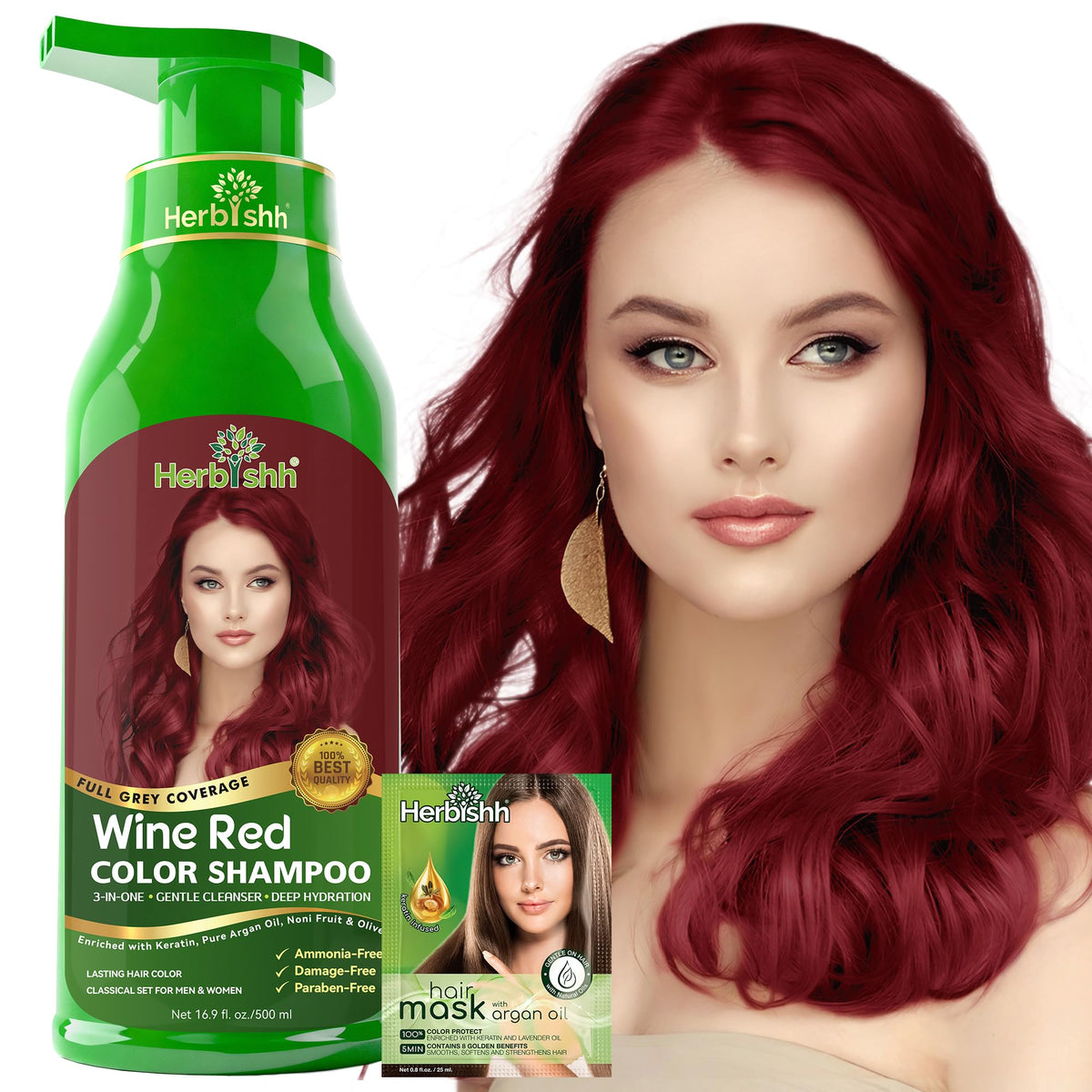 Herbishh Wine Red Hair Dye Shampoo 500ml bottle front view