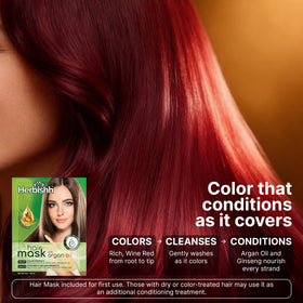 Herbishh Wine Red Hair Dye Shampoo on a bathroom shelf