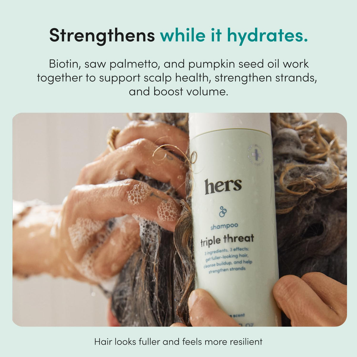 Hers Triple Threat Shampoo and Conditioner set packaging