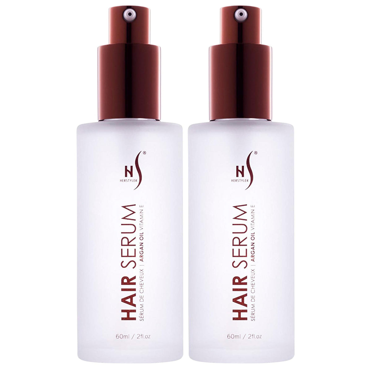 HerStyler Argan Oil Hair Serum front view with glass bottle