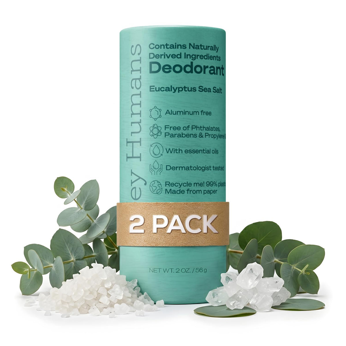 HEY HUMANS Aluminum Free Deodorant front view with eucalyptus sea salt scent