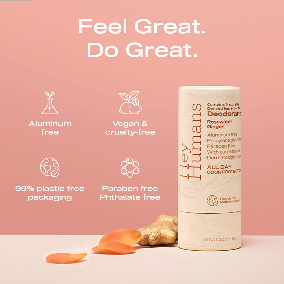 HEY HUMANS Deodorant Rosewater Ginger packaging