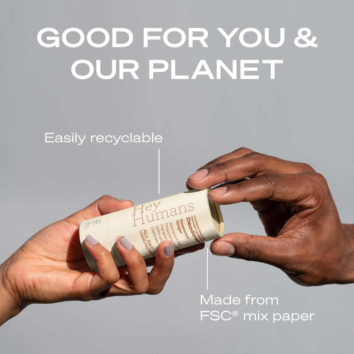 HEY HUMANS Deodorant with recyclable paper packaging