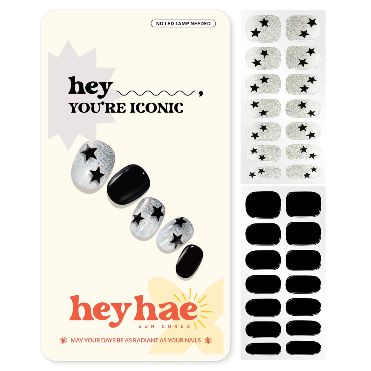 heyhae Semi Gel Nail Strips black and glitter set front view