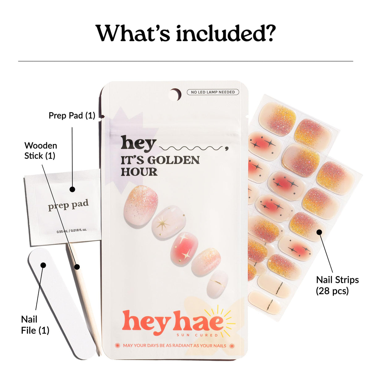 heyhae Semi Gel Nail Strips Golden Hour with prep pad and nail file