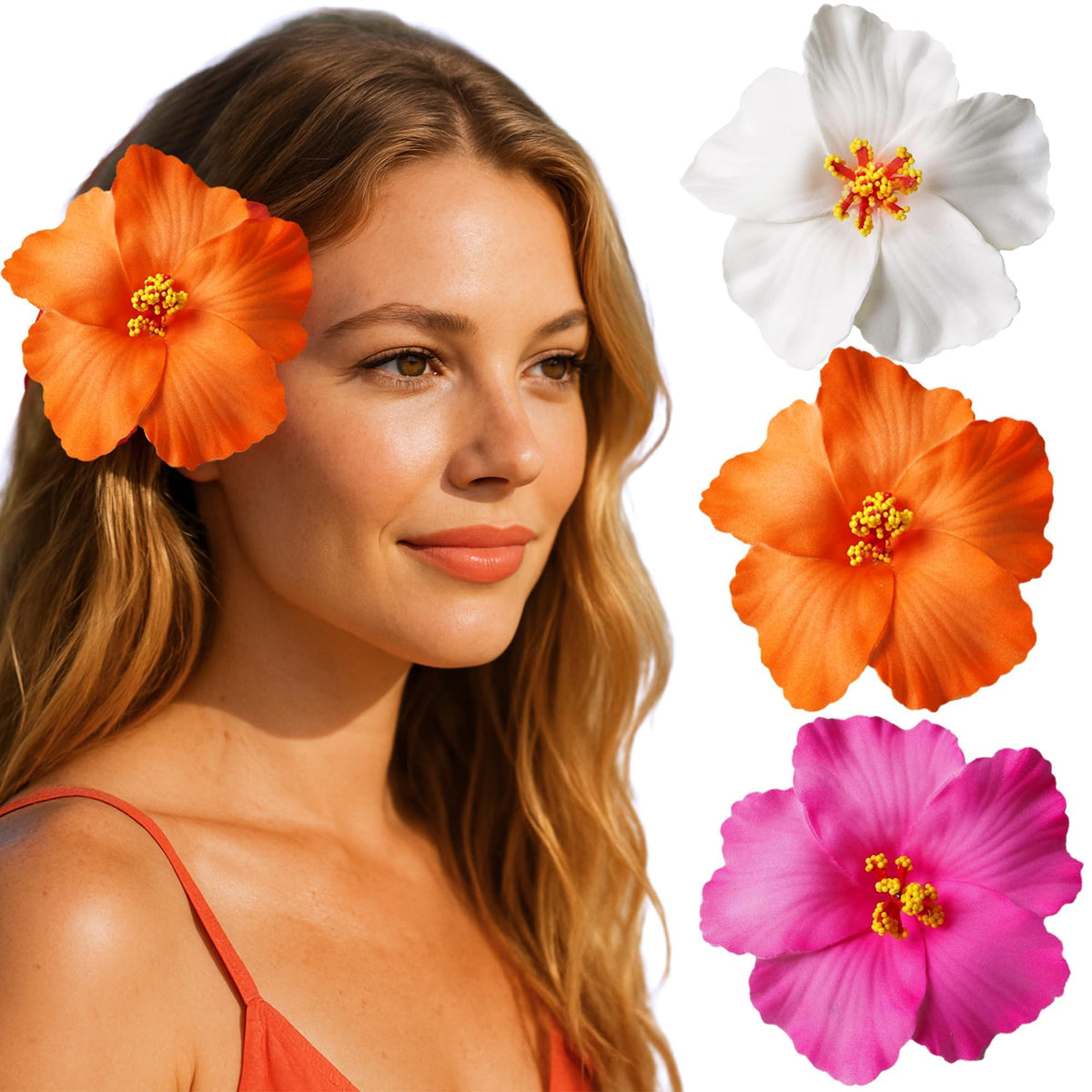 Heyiminy Hawaiian Flower Hair Clips in white, rose red, and orange