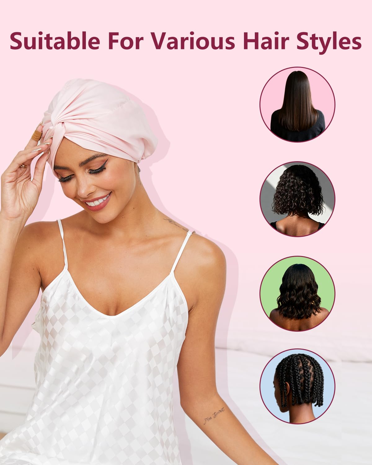 HFRHTGY Adjustable Silk Satin Hair Bonnet Royal Pink close-up of fabric