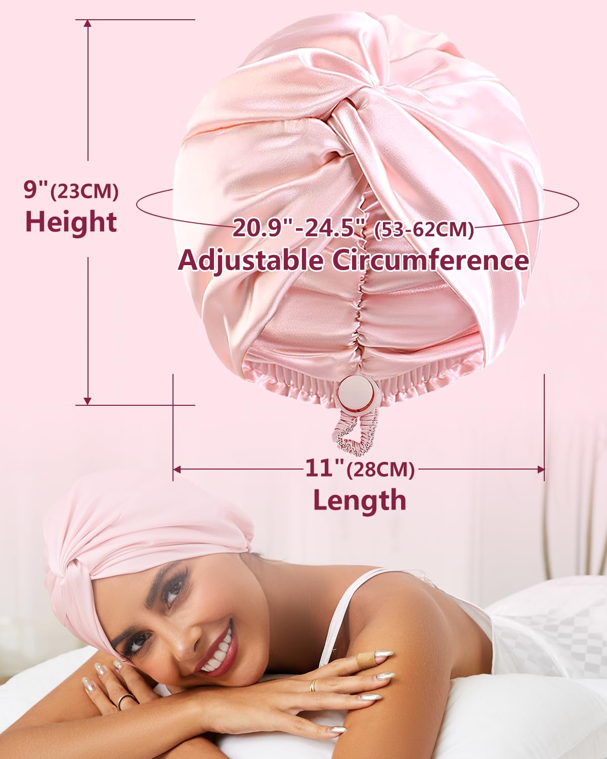 HFRHTGY Adjustable Silk Satin Hair Bonnet Royal Pink on a model