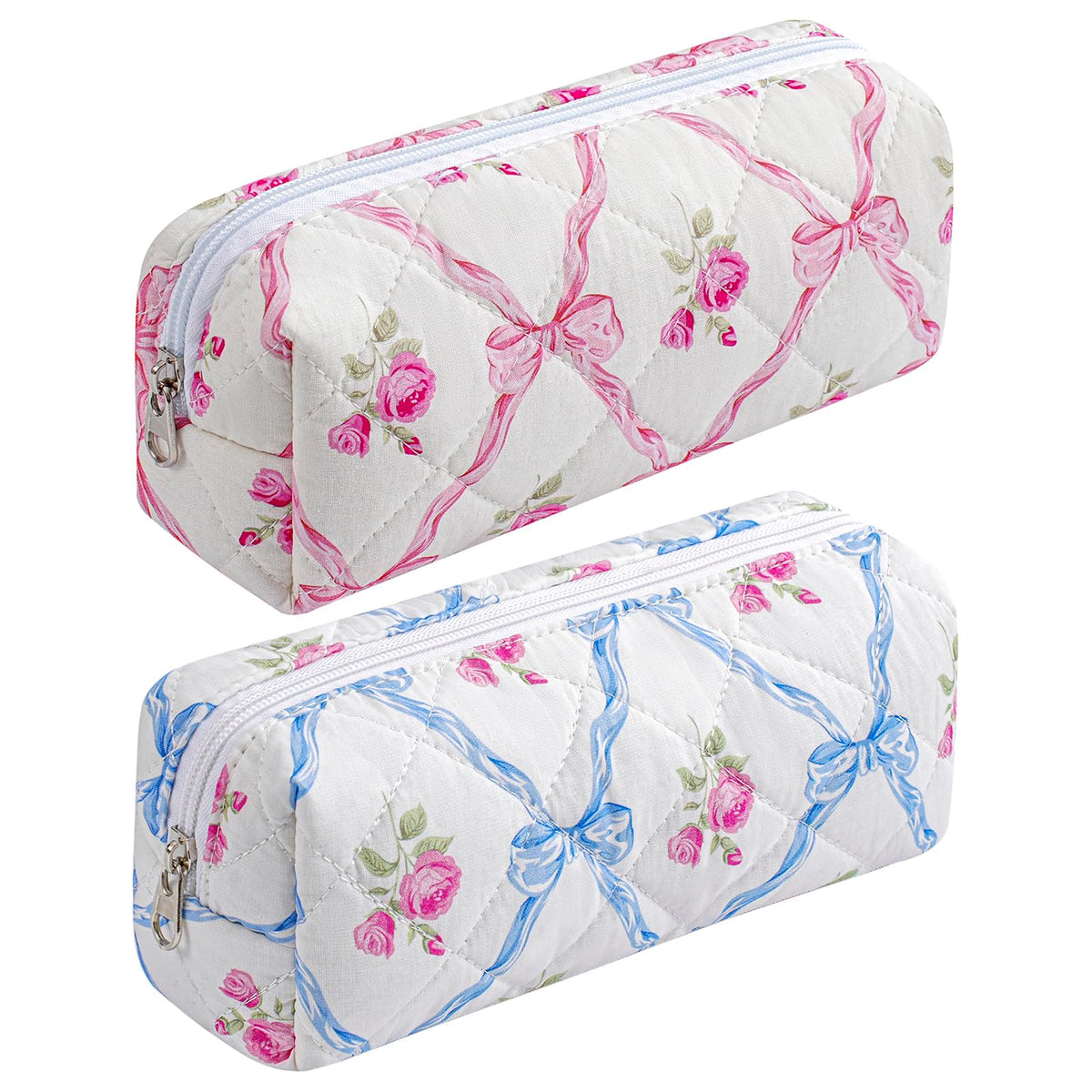 HHQQWZ Cute Floral Cotton Makeup Brush Bag front view with pink and blue bowknots