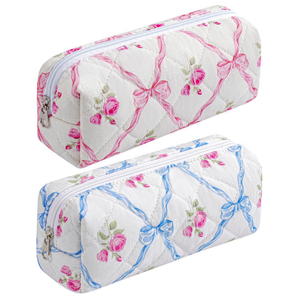 HHQQWZ Cute Floral Cotton Makeup Brush Bag front view with pink and blue bowknots