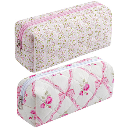 HHQQWZ Floral Cotton Makeup Bag front view in pink