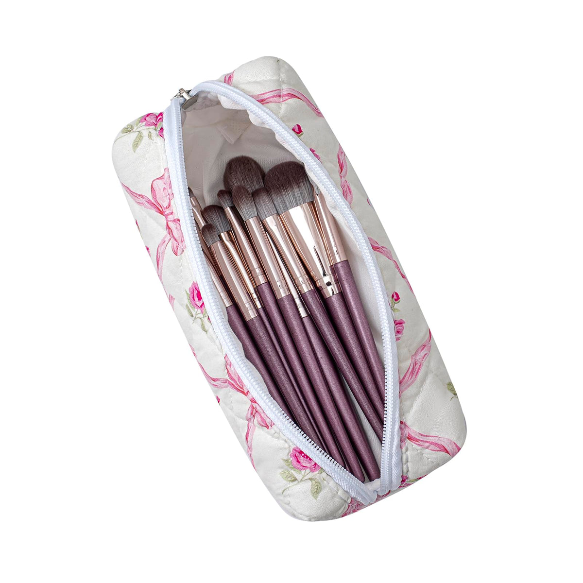 HHQQWZ Floral Cotton Makeup Bag opened with cosmetics inside