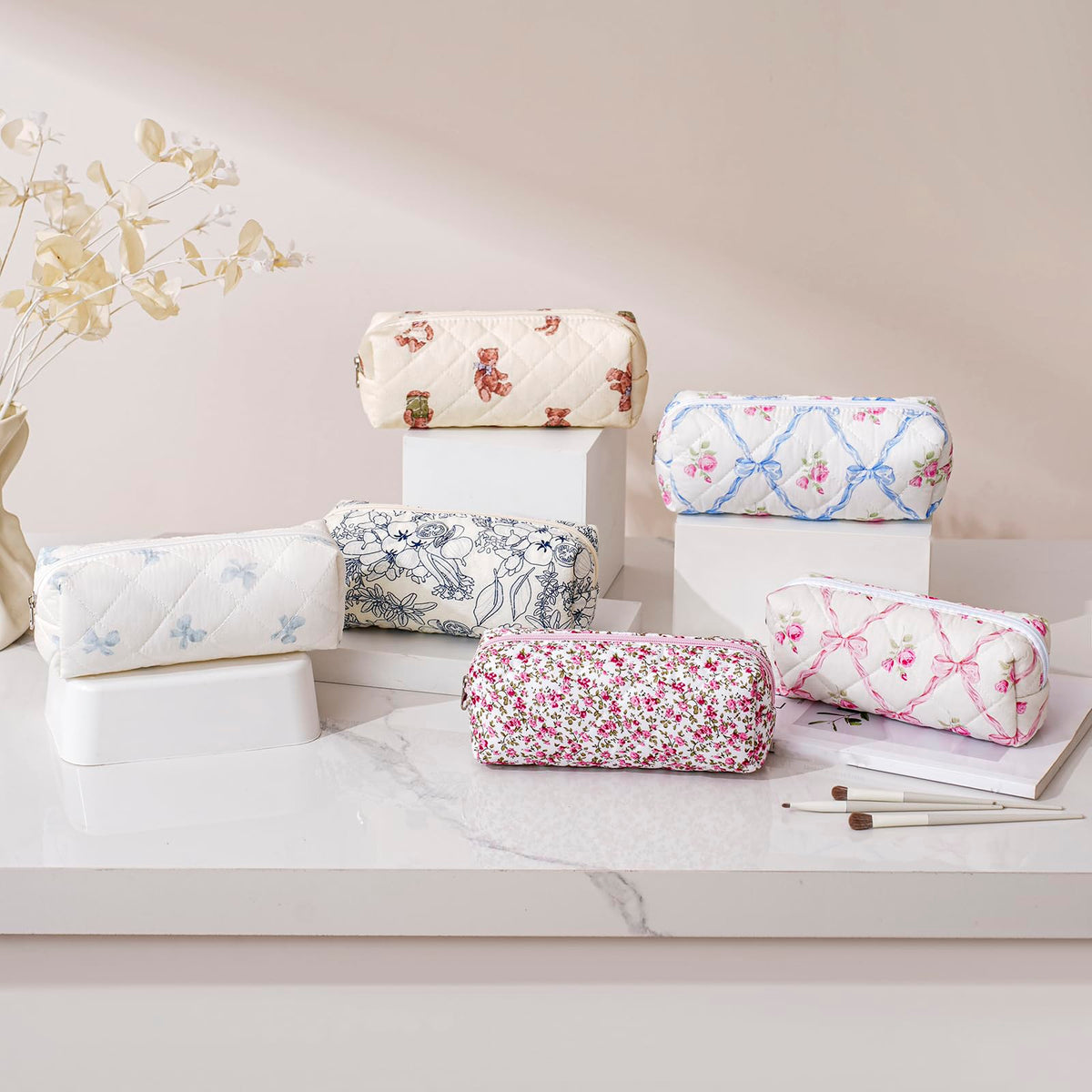 HHQQWZ Floral Cotton Makeup Bag styled with floral background