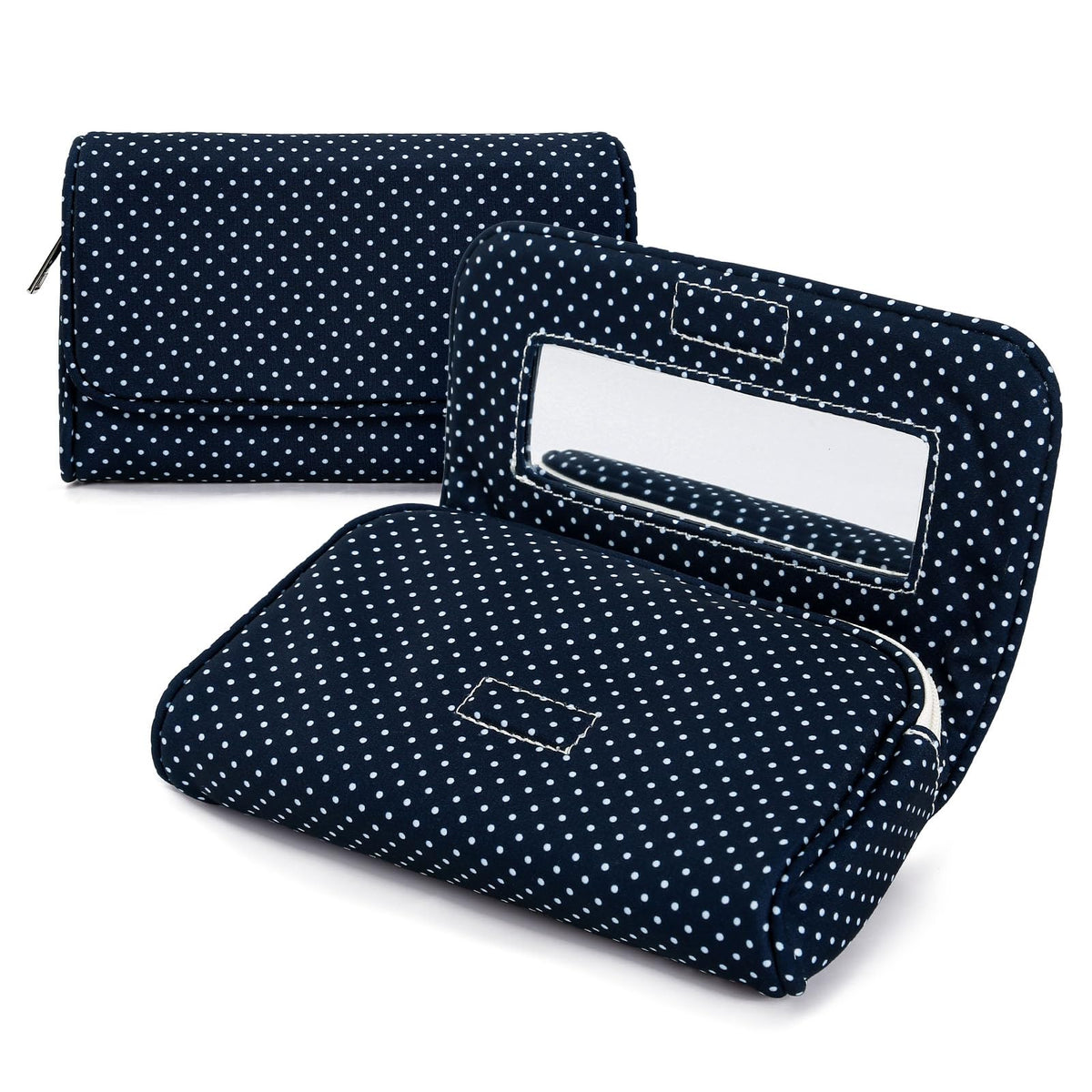 Hibilog cute nylon makeup bag front view with navy blue polka dots