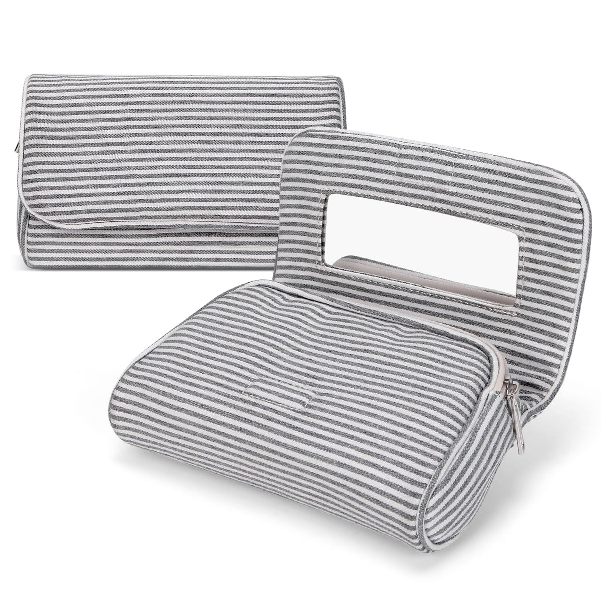 Hibilog Cute Nylon Makeup Bag Grey Stripe front view