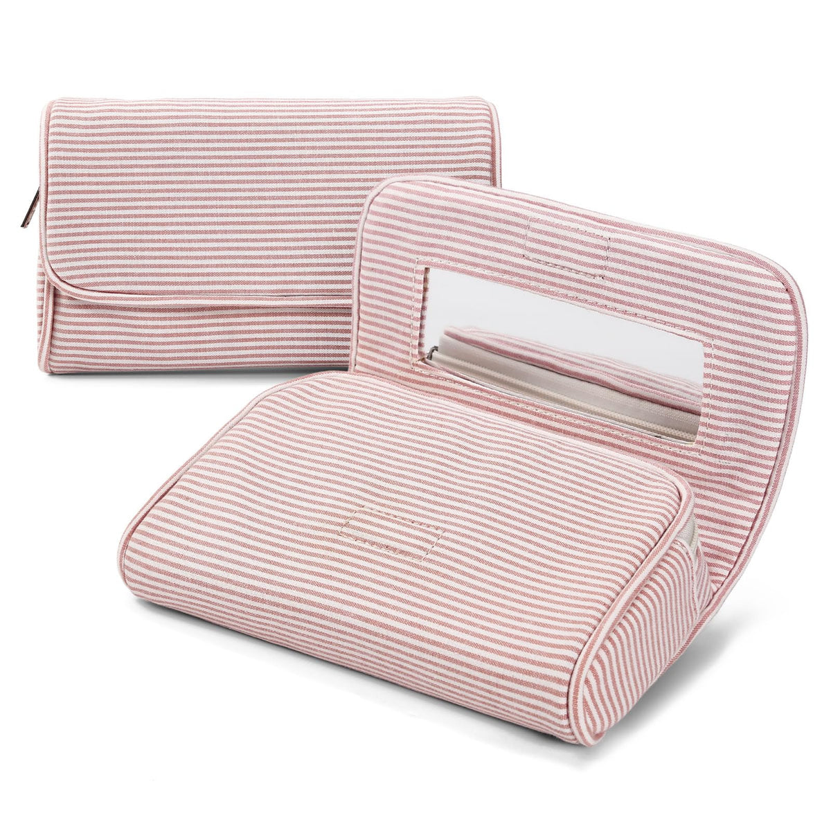 Hibilog nylon makeup bag front view in light pink stripe