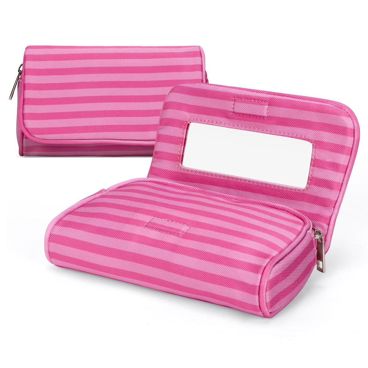 Hibilog Women’s Cute Nylon Makeup Bag front view in pink stripe