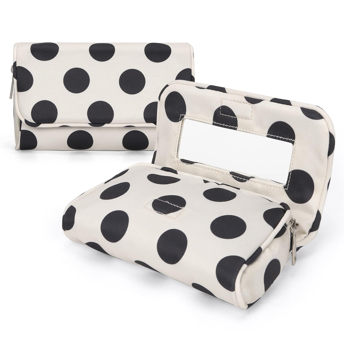 Hibilog Women’s Cute Nylon Makeup Bag front view with white polka dots