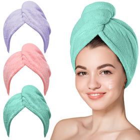Hicober Microfiber Hair Towel Wrap 3-Pack in Pink, Purple, and Green
