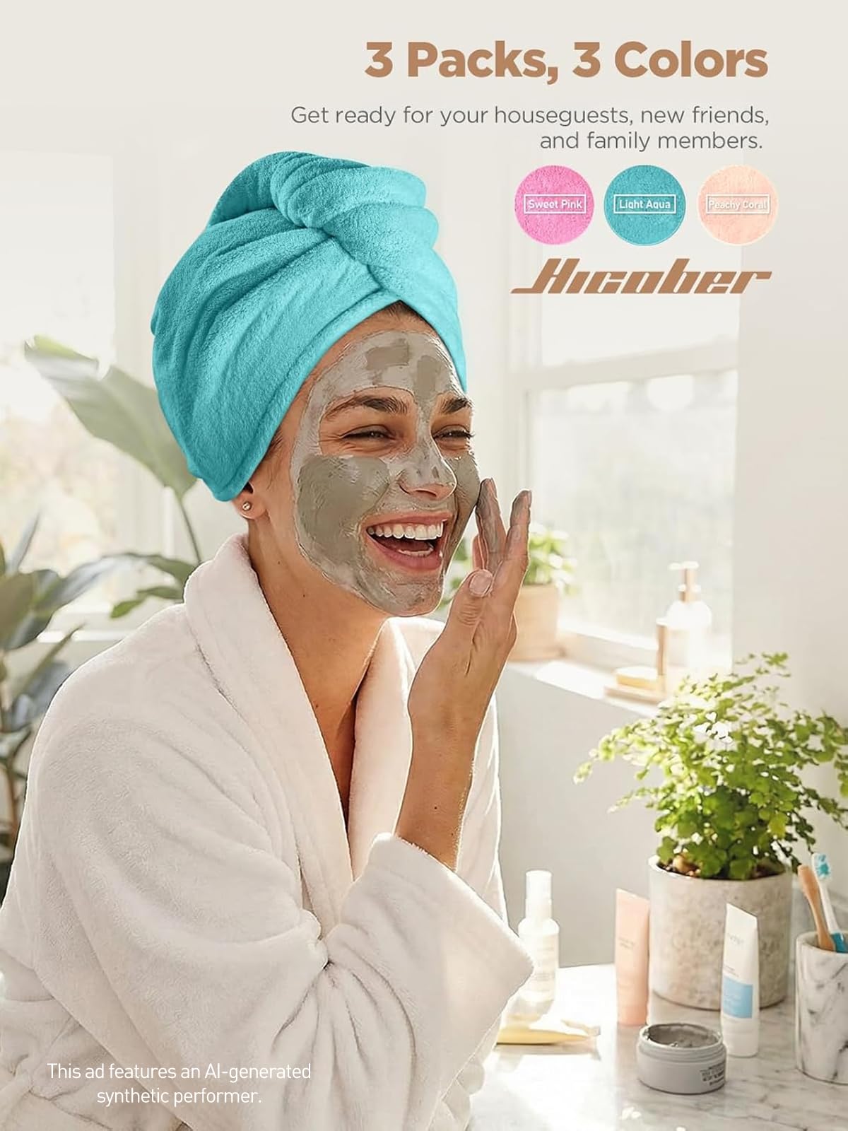 Hicober Microfiber Hair Towel Wrap Aqua Peach Pink in use