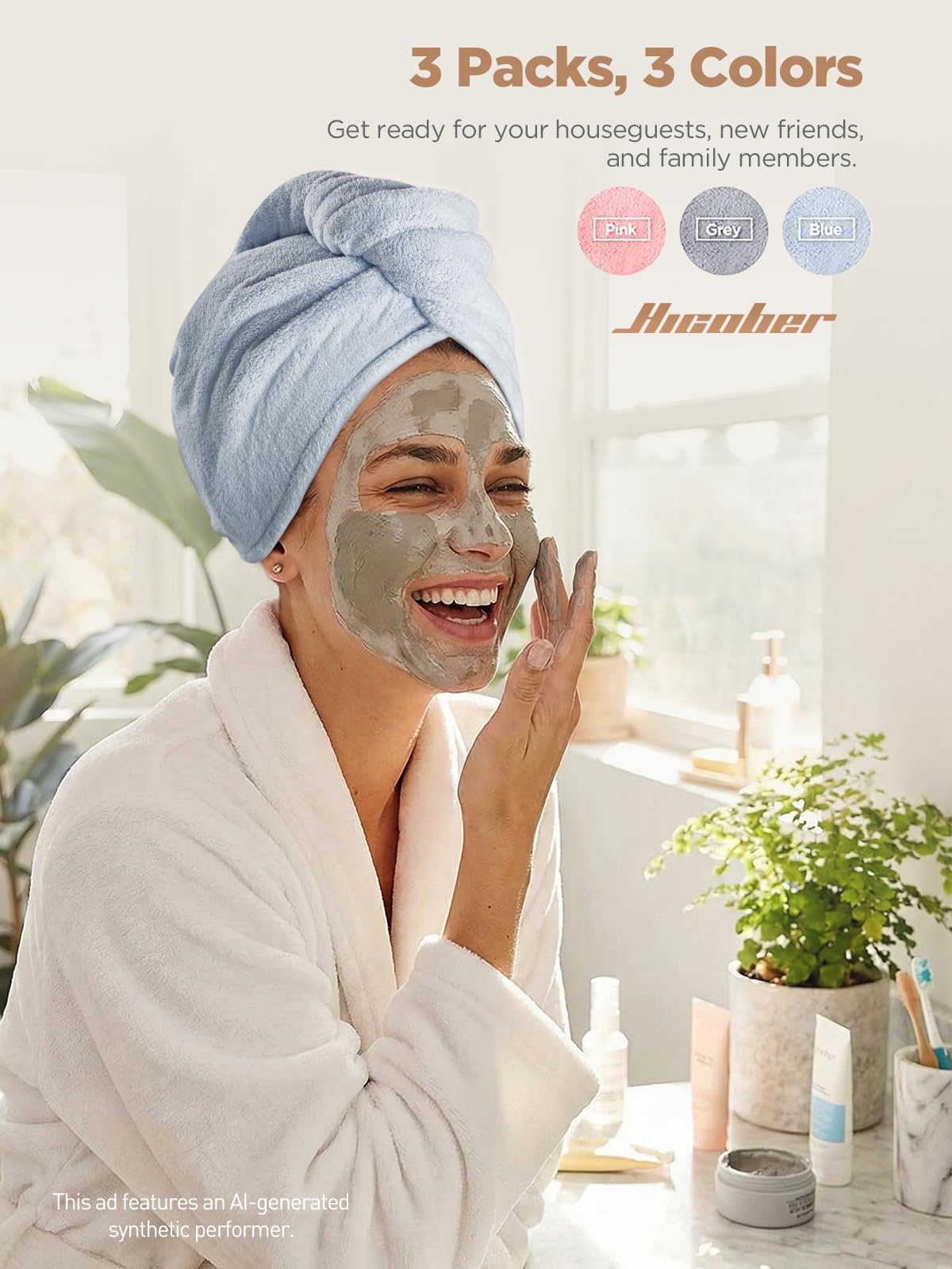 Hicober Microfiber Hair Towel Wrap displayed on a bathroom counter