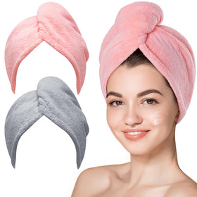 Hicober Microfiber Hair Towel Wrap front view in pink grey