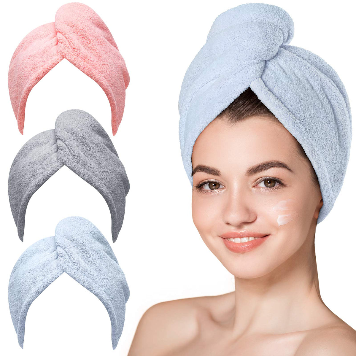 Hicober Microfiber Hair Towel Wrap in blue grey pink, front view
