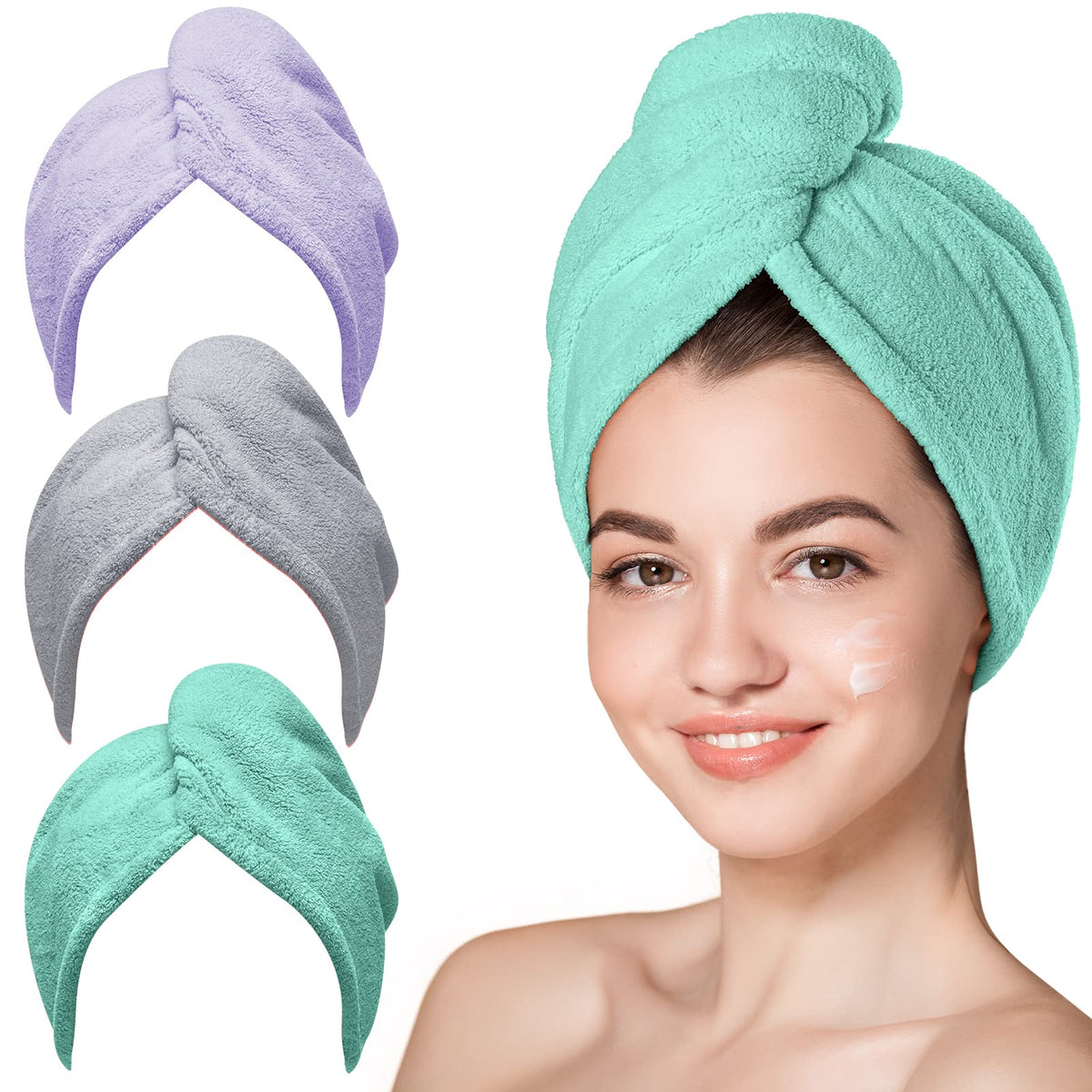 Hicober Microfiber Hair Towel Wrap in green, purple, and grey front view