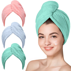 Hicober Microfiber Hair Towel Wrap in pink, blue, and green colors