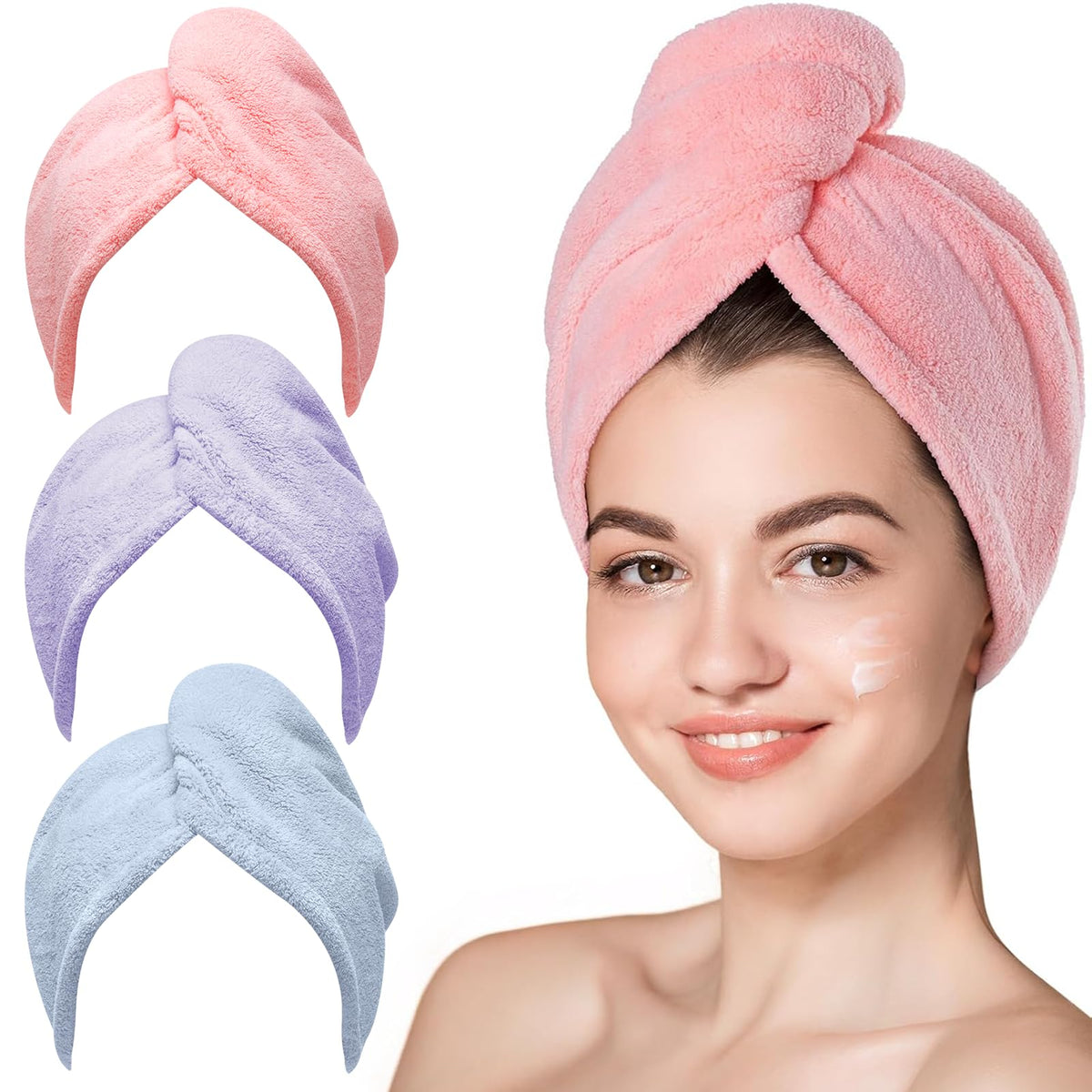Hicober Microfiber Hair Towel Wrap pink model front view