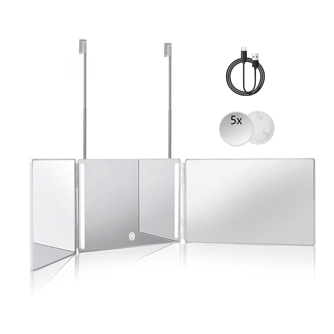 HIEEY 3 Way 360 Trifold Mirror front view with LED lights