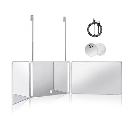 HIEEY 3 Way 360 Trifold Mirror front view with LED lights