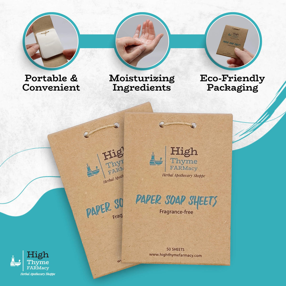 High Thyme FARMacy Travel Soap Sheets displayed on a table